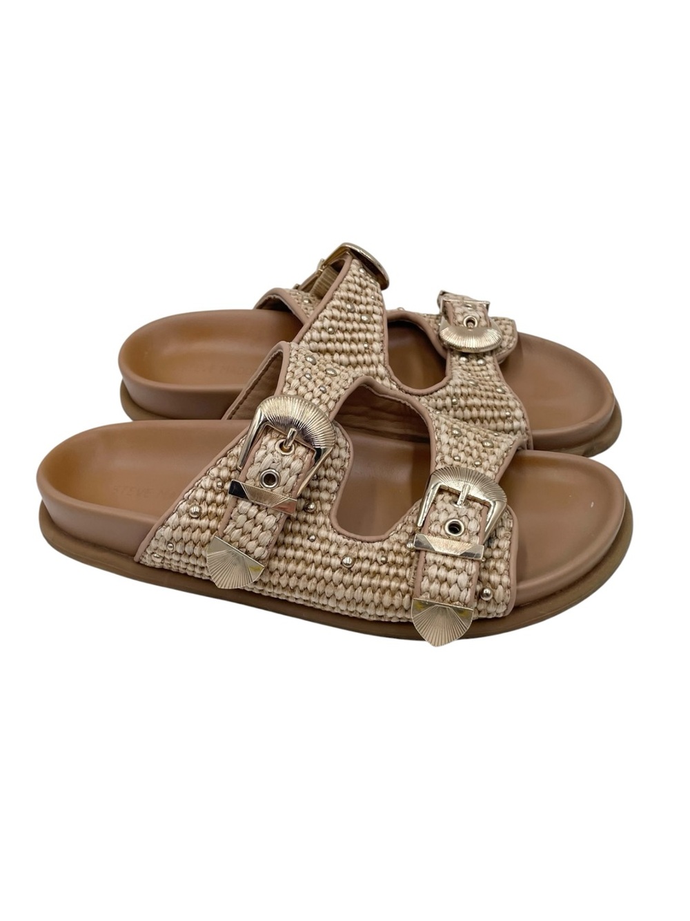 Steve Madden Zuree Woven Slide Sandals Women's Size 6.5 Gold Seashell Beachy